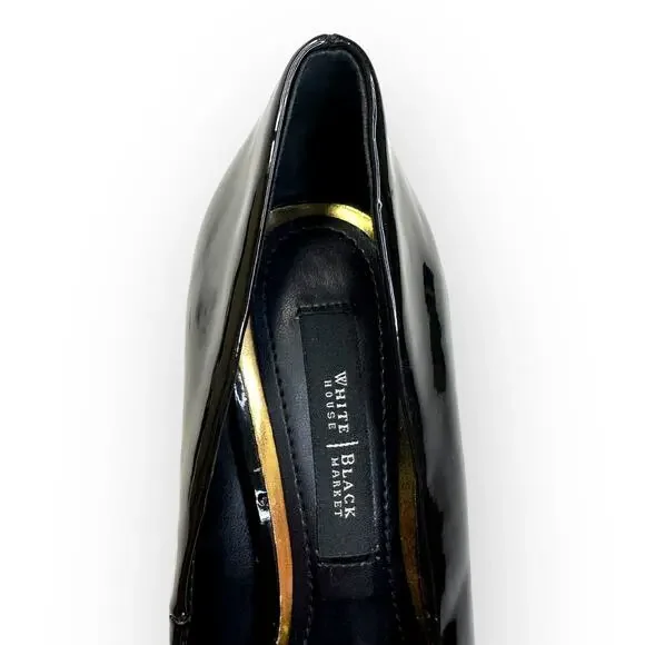 White House Black Market Gabriele Pump Size 6 Black Patent Leather Bow Chain Toe - Picture 3 of 12